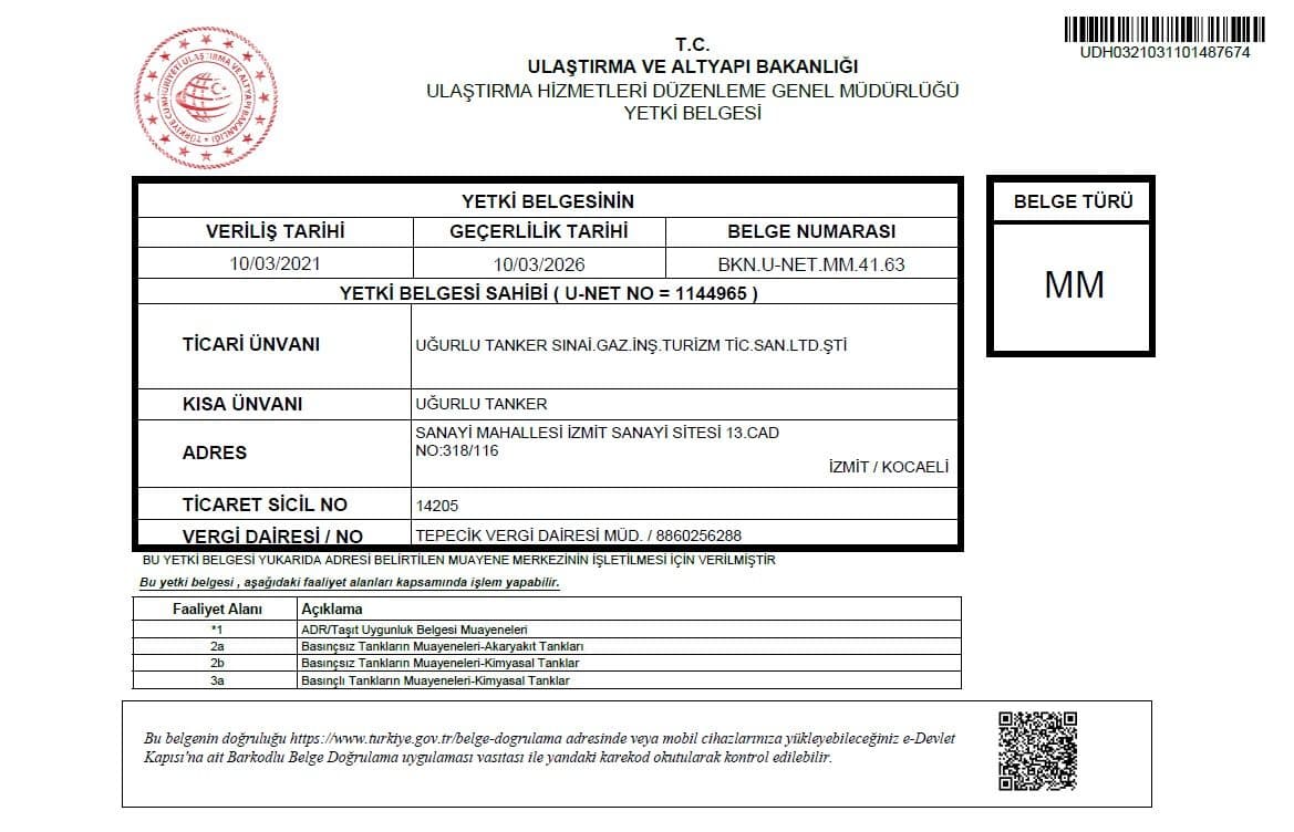 Uğurlu Tanker Yetki Belgesi